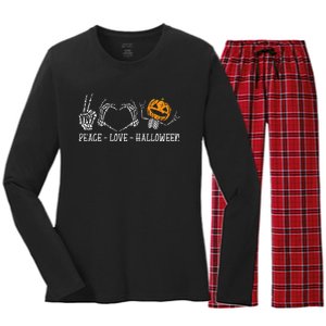 Skeleton Peace Love Pumpkin Halloween Women's Long Sleeve Flannel Pajama Set 