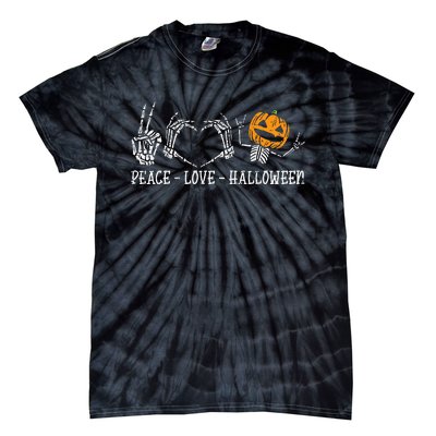 Skeleton Peace Love Pumpkin Halloween Tie-Dye T-Shirt