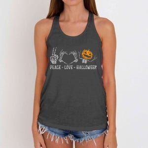 Skeleton Peace Love Pumpkin Halloween Women's Knotted Racerback Tank