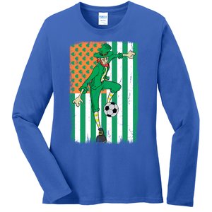 Soccer Player Leprechaun Irish American Flag St Patricks Day Gift Ladies Long Sleeve Shirt