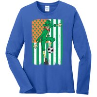 Soccer Player Leprechaun Irish American Flag St Patricks Day Gift Ladies Long Sleeve Shirt