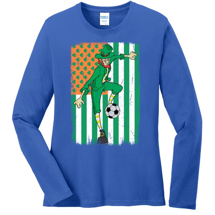 Soccer Player Leprechaun Irish American Flag St Patricks Day Gift Ladies Long Sleeve Shirt