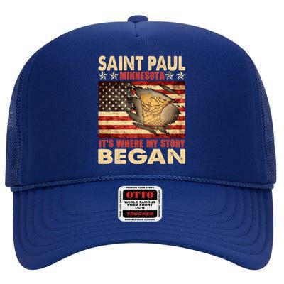 Saint Paul Minnesota Usa Flag 4th Of July Gift High Crown Mesh Back Trucker Hat