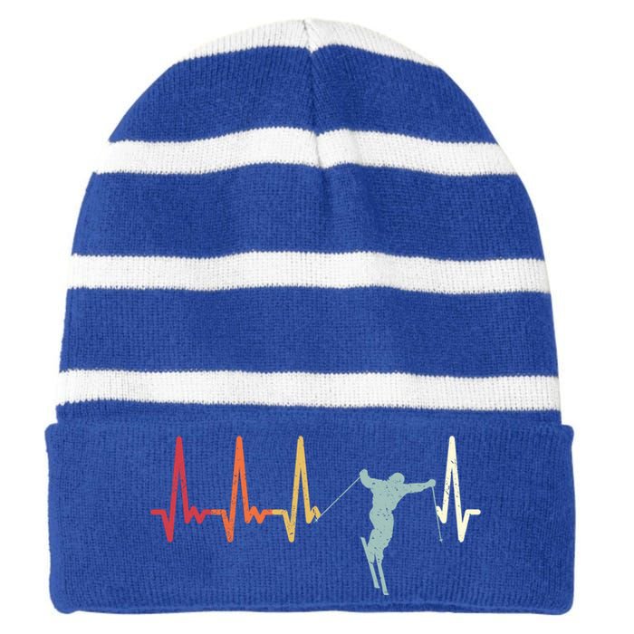 Ski Pulse Mountain Winter Sports Skier Skiing Heartbeat Gift Striped Beanie with Solid Band