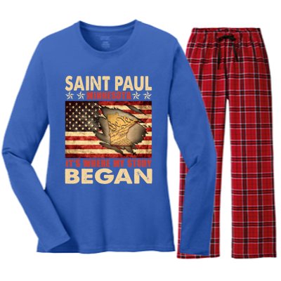 Saint Paul Minnesota Usa Flag 4th Of July Gift Women's Long Sleeve Flannel Pajama Set 