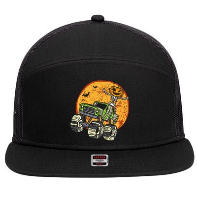 Skeleton Pumpkin Monster Truck Halloween 7 Panel Mesh Trucker Snapback Hat