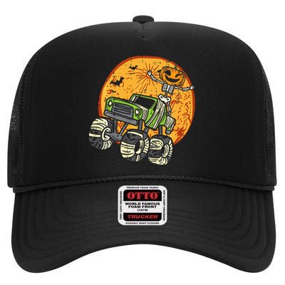 Skeleton Pumpkin Monster Truck Halloween High Crown Mesh Back Trucker Hat