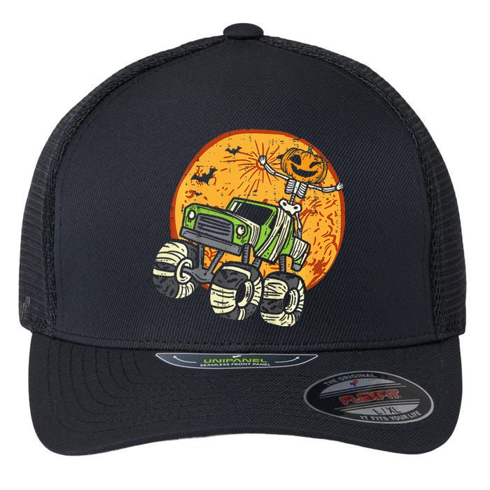 Skeleton Pumpkin Monster Truck Halloween Flexfit Unipanel Trucker Cap