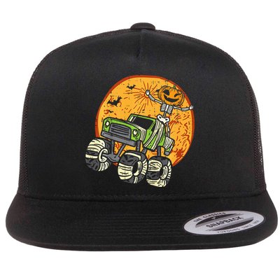 Skeleton Pumpkin Monster Truck Halloween Flat Bill Trucker Hat