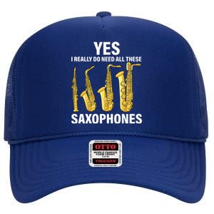 Saxophone Player Music Instrument Jazz Musician Saxophonist High Crown Mesh Back Trucker Hat