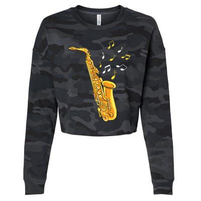 Saxophone Player Musical Notes Saxophonist Jazz Musician Sax Cropped Pullover Crew