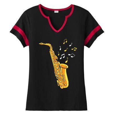 Saxophone Player Musical Notes Saxophonist Jazz Musician Sax Ladies Halftime Notch Neck Tee