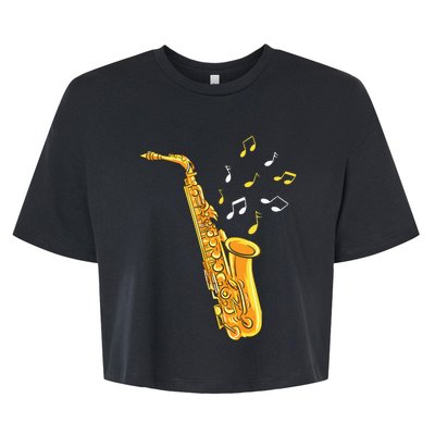 Saxophone Player Musical Notes Saxophonist Jazz Musician Sax Bella+Canvas Jersey Crop Tee