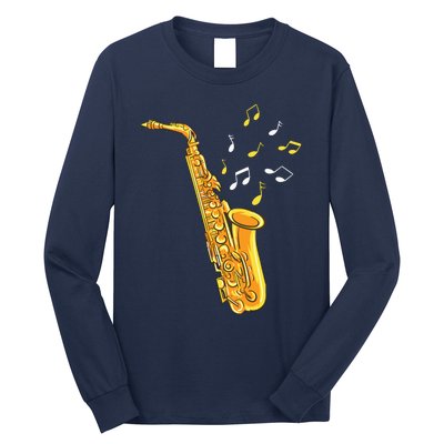 Saxophone Player Musical Notes Saxophonist Jazz Musician Sax Long Sleeve Shirt