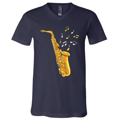 Saxophone Player Musical Notes Saxophonist Jazz Musician Sax V-Neck T-Shirt