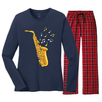 Saxophone Player Musical Notes Saxophonist Jazz Musician Sax Women's Long Sleeve Flannel Pajama Set 