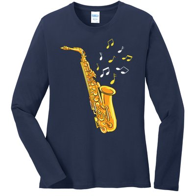 Saxophone Player Musical Notes Saxophonist Jazz Musician Sax Ladies Long Sleeve Shirt