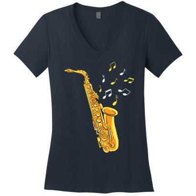 Saxophone Player Musical Notes Saxophonist Jazz Musician Sax Women's V-Neck T-Shirt