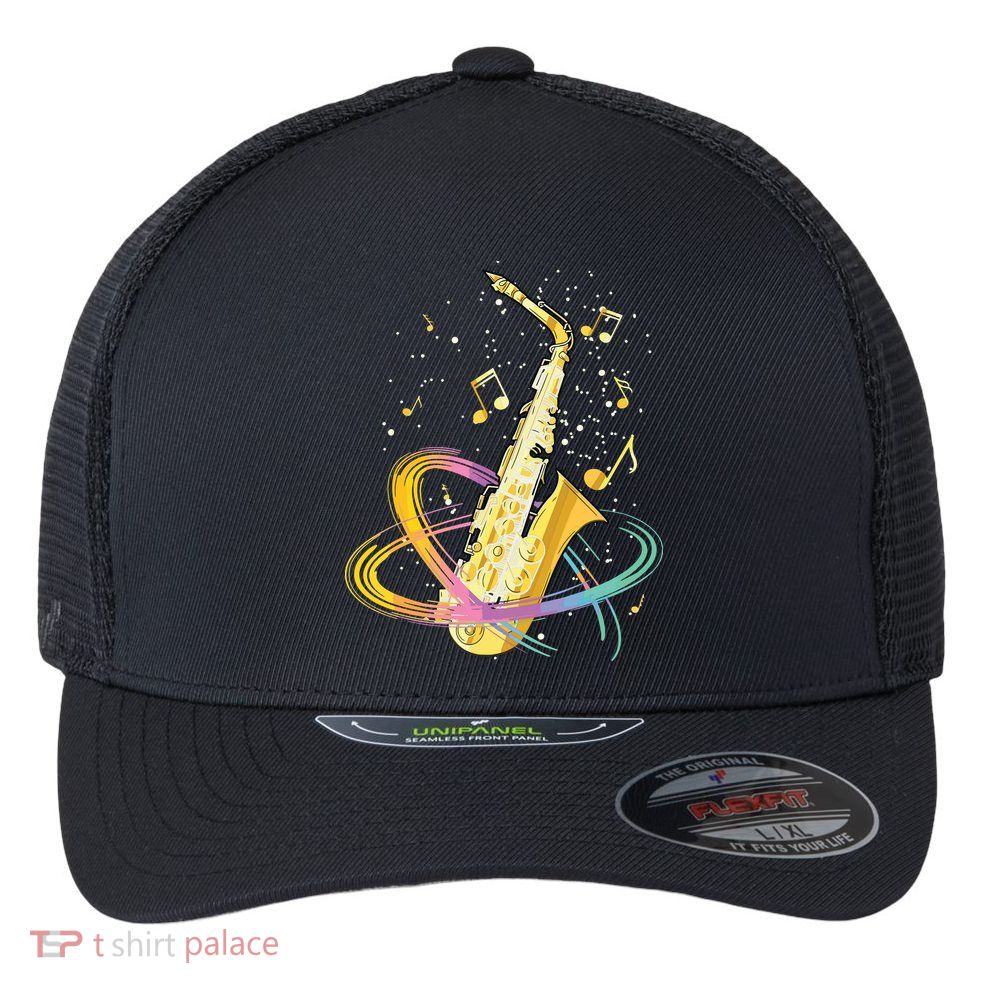 Saxophone Player Musical Notes Jazz Musician Saxophonist Sax Flexfit Unipanel Trucker Cap
