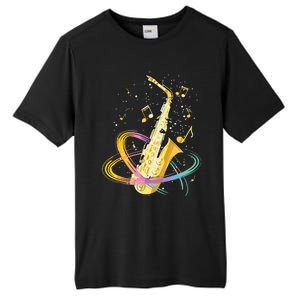 Saxophone Player Musical Notes Jazz Musician Saxophonist Sax Tall Fusion ChromaSoft Performance T-Shirt