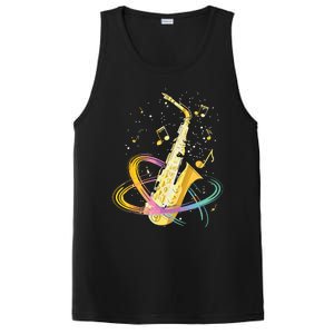 Saxophone Player Musical Notes Jazz Musician Saxophonist Sax PosiCharge Competitor Tank