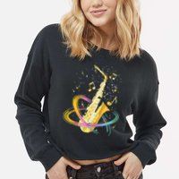 Saxophone Player Musical Notes Jazz Musician Saxophonist Sax Cropped Pullover Crew