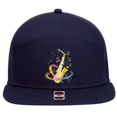Saxophone Player Musical Notes Jazz Musician Saxophonist Sax 7 Panel Mesh Trucker Snapback Hat
