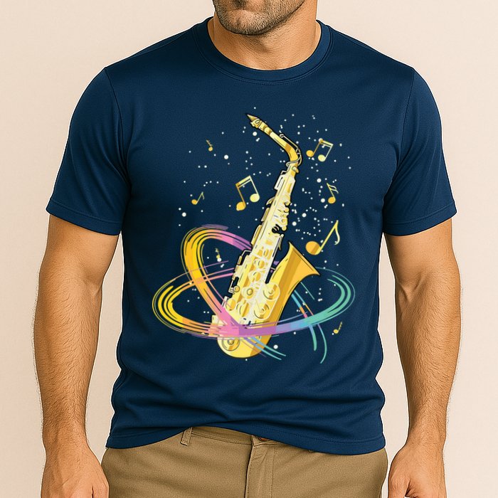 Saxophone Player Musical Notes Jazz Musician Saxophonist Sax Cooling Performance Crew T-Shirt