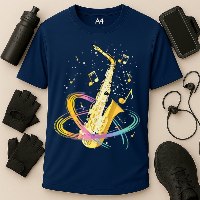 Saxophone Player Musical Notes Jazz Musician Saxophonist Sax Cooling Performance Crew T-Shirt