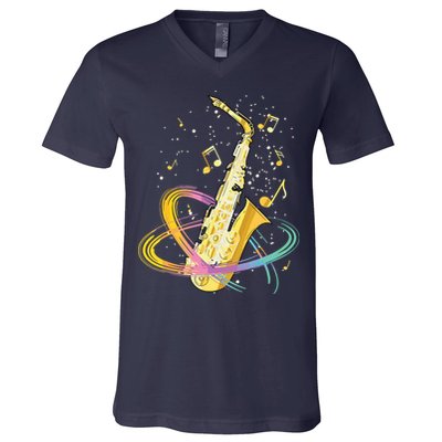 Saxophone Player Musical Notes Jazz Musician Saxophonist Sax V-Neck T-Shirt