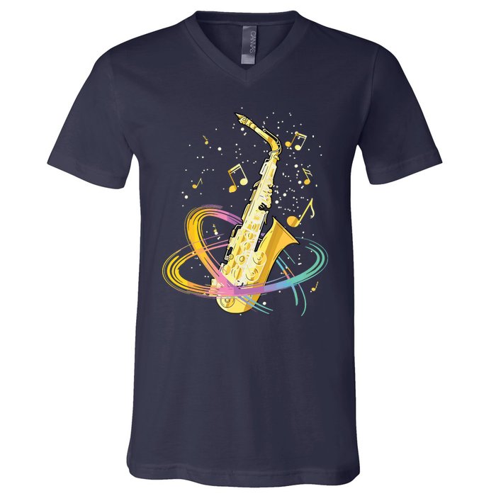 Saxophone Player Musical Notes Jazz Musician Saxophonist Sax V-Neck T-Shirt