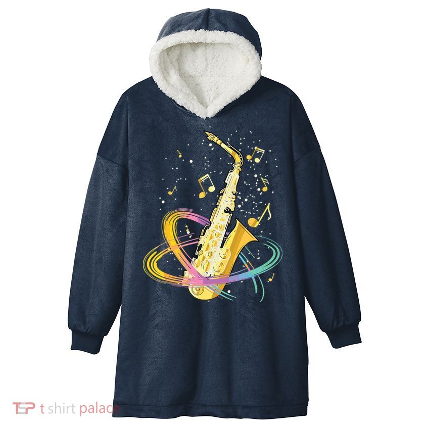 Saxophone Player Musical Notes Jazz Musician Saxophonist Sax Hooded Wearable Blanket