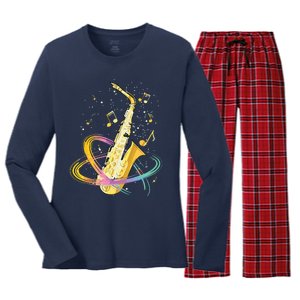 Saxophone Player Musical Notes Jazz Musician Saxophonist Sax Women's Long Sleeve Flannel Pajama Set 