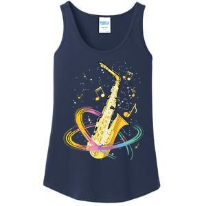 Saxophone Player Musical Notes Jazz Musician Saxophonist Sax Ladies Essential Tank