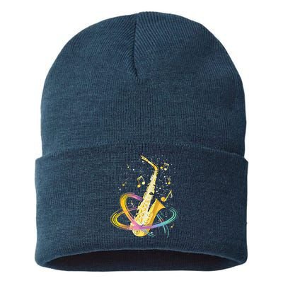 Saxophone Player Musical Notes Jazz Musician Saxophonist Sax Sustainable Knit Beanie