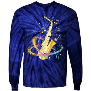 Saxophone Player Musical Notes Jazz Musician Saxophonist Sax Tie-Dye Long Sleeve Shirt