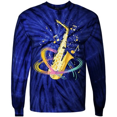 Saxophone Player Musical Notes Jazz Musician Saxophonist Sax Tie-Dye Long Sleeve Shirt