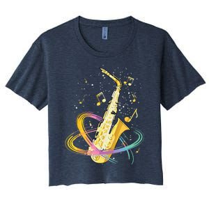 Saxophone Player Musical Notes Jazz Musician Saxophonist Sax Women's Crop Top Tee