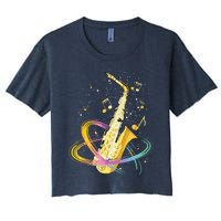 Saxophone Player Musical Notes Jazz Musician Saxophonist Sax Women's Crop Top Tee