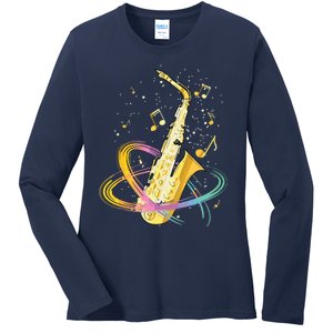 Saxophone Player Musical Notes Jazz Musician Saxophonist Sax Ladies Long Sleeve Shirt