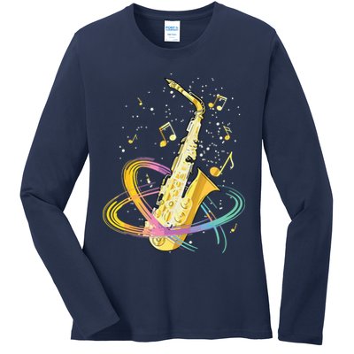 Saxophone Player Musical Notes Jazz Musician Saxophonist Sax Ladies Long Sleeve Shirt