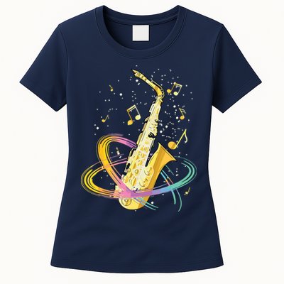 Saxophone Player Musical Notes Jazz Musician Saxophonist Sax Womens T-Shirt