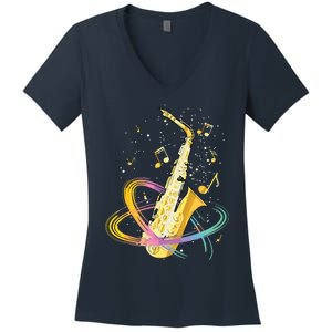 Saxophone Player Musical Notes Jazz Musician Saxophonist Sax Women's V-Neck T-Shirt