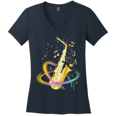 Saxophone Player Musical Notes Jazz Musician Saxophonist Sax Women's V-Neck T-Shirt
