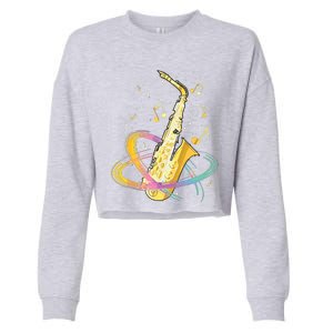 Saxophone Player Musical Notes Jazz Musician Saxophonist Sax Cropped Pullover Crew