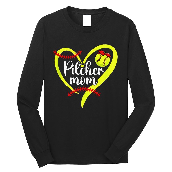 Softball Pitcher Mom Heart Mama Of A Softball Pitcher Mother Long Sleeve Shirt