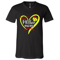 Softball Pitcher Mom Heart Mama Of A Softball Pitcher Mother V-Neck T-Shirt