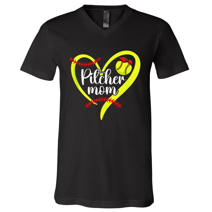 Softball Pitcher Mom Heart Mama Of A Softball Pitcher Mother V-Neck T-Shirt