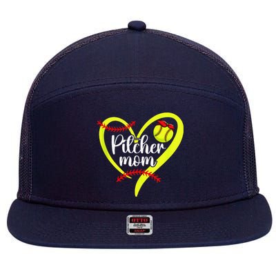 Softball Pitcher Mom Heart Mama Of A Softball Pitcher Mother 7 Panel Mesh Trucker Snapback Hat