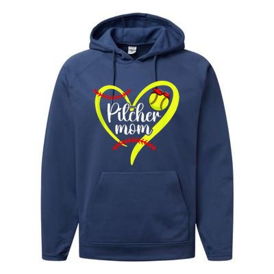 Softball Pitcher Mom Heart Mama Of A Softball Pitcher Mother Performance Fleece Hoodie